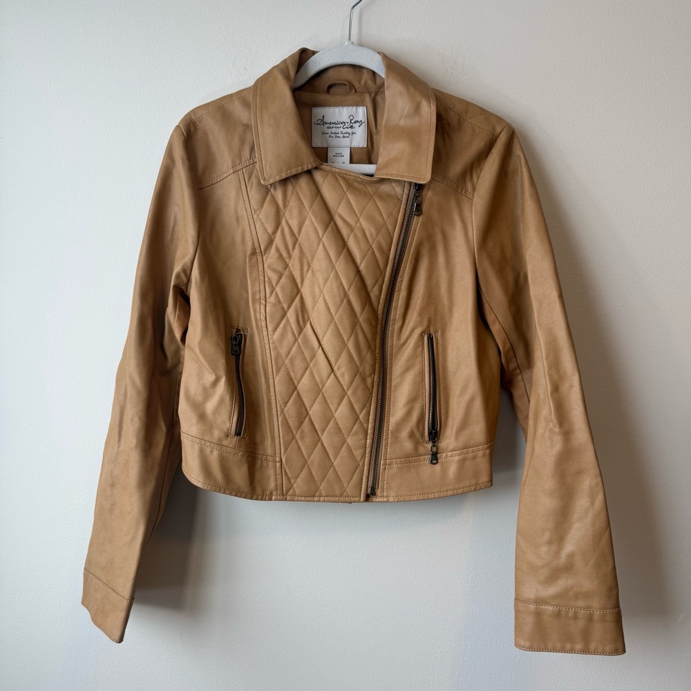 American Rag Cie Camel Brown Faux Suede Cropped Crop Zip Moto Jacket Women L